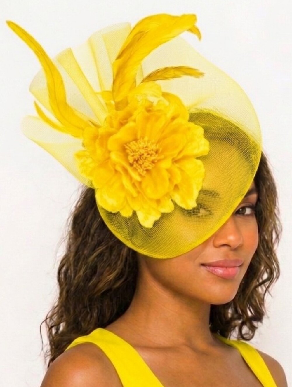 Beloved Millinery Yellow Floral Feather Fascinator Hat Women's Accessories